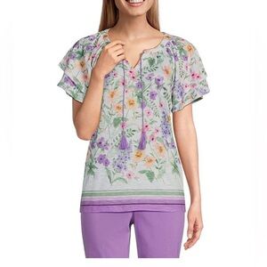 Allison Daley Wildflower Border Print Flutter Sleeve Tassel Tie Neck Knit Top L